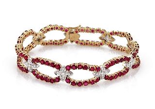 14k Gold 8.40ct Ruby Diamond Floral Link Bracelet