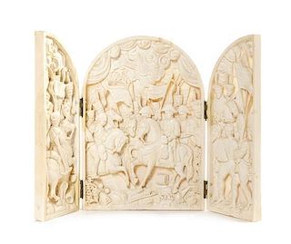 A Continental Carved Ivory Triptych, Width 8 7/8 inches (open).