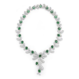 18K Gold 34.81ct. Emerald And Diamond Necklace