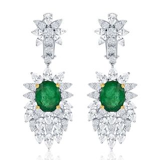 Elegant 6.4ct Emerald & 8.8ct Diamond 18k Earrings