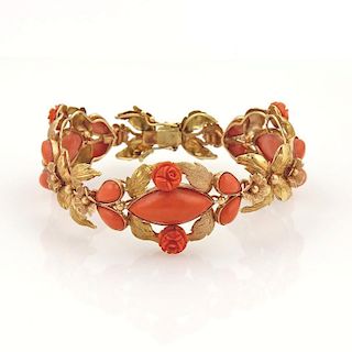 Vintage 18k Gold Carved Coral Floral Leaf Bracelet