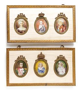 Six Portrait Miniatures, Width of frames 15 3/8 inches.