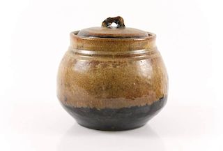 Japanese Lidded Pottery Jar w/ Tenmoku Glazed Foot