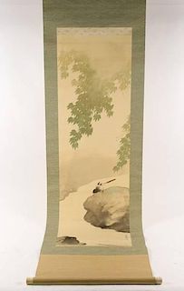 Japanese Silk Hanging Scroll w/ Bird by Stream