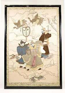 Large Framed Chinese Figural Embroidery Textile