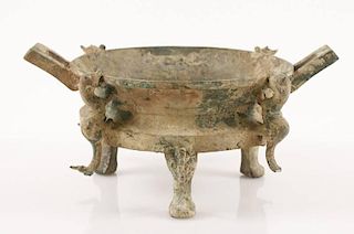 Bronze Footed Bowl w/ Dragons, Likely Ming Dynasty