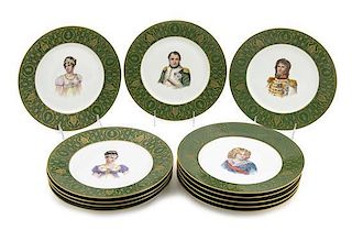 Twelve Sevres Style Porcelain Plates, Diameter 9 1/2 inches.