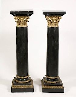 Pair of Louis XVI Style Black & Gilt Pedestals