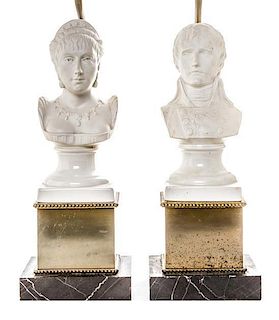 A Pair of Continental Napoleonic Bisque Porcelain Busts, Height of first bust 8 3/4 inches.