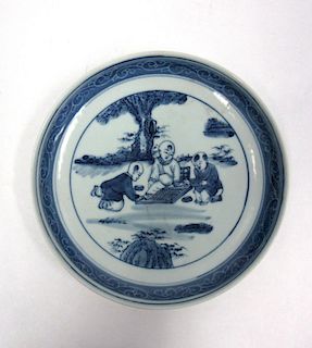 Blue and White "Boys" Dish with Bamboo.