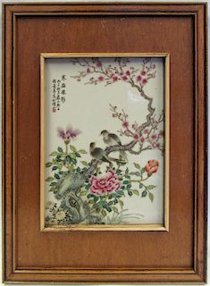 Famille Rose Porcelain Plaque with Plum Blossoms.