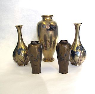 Group of 5 Japanese Mixed Metal Vases.