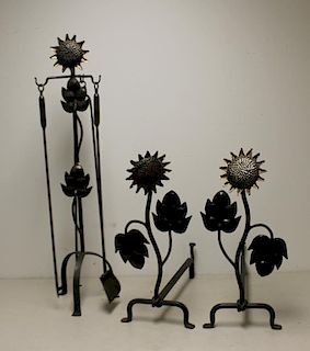 Iron Sunflower Form Andirons and Tools.