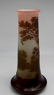 GALLE. Signed Cameo Glass Vase, Lake and