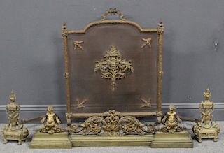 Antique French Bronze Fire Screen, Tools & Fender