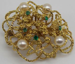 JEWELRY. 18kt Gold, Emerald, and Pearl Brooch.