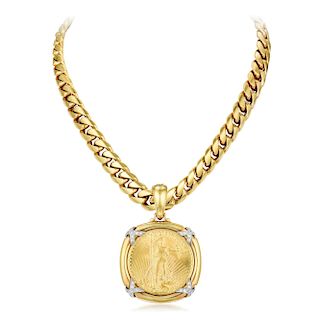 David Webb Gold Necklace with American Liberty Gold Coin Pendant
