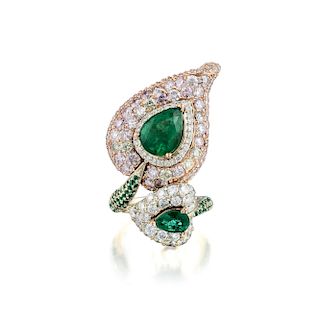 An Emerald Diamond and Colored Diamond By-Pass Ring