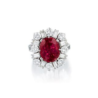 An 3.73-Carat Unheated Burmese Ruby and Diamond Platinum Ring