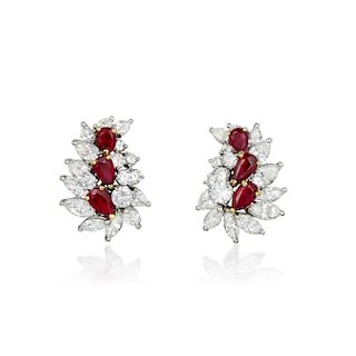 A Pair of Platinum Burmese Ruby and Diamond Earclips