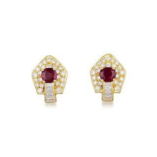 A Pair of Burmese Ruby and Diamond Earclips