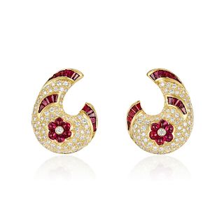 A Pair of Ruby and Diamond Earclips
