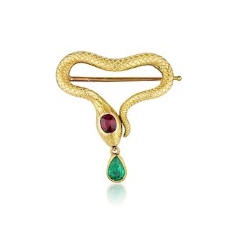 Faberge Emerald and Ruby Snake Pin