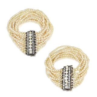 A Pair of Antique Natural Pearl and Diamond Bracelets