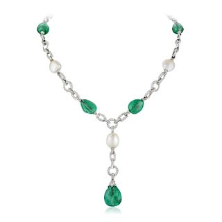 Art Deco Platinum Natural Pearl Emerald and Diamond Necklace