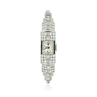 Patek Philippe Art Deco Platinum Diamond and Emerald Dress Watch, French