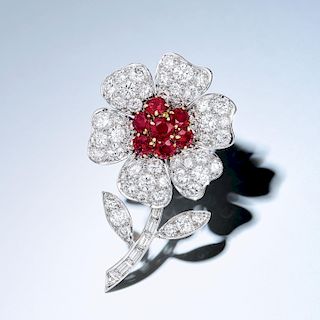 Van Cleef & Arpels Diamond and Ruby Flower Brooch
