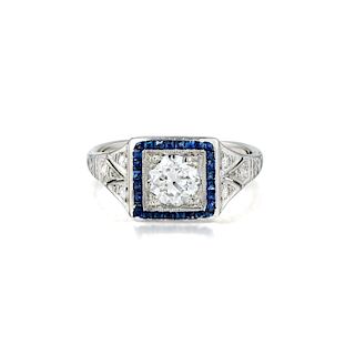 Art Deco Platinum Diamond and Sapphire Ring