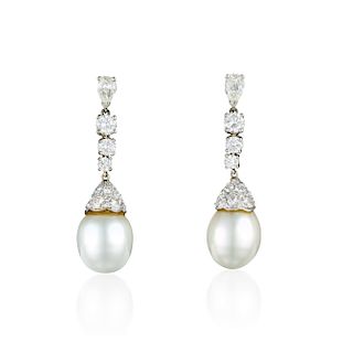 A Pair of Platinum Cultured Pearl and Diamond Earrings