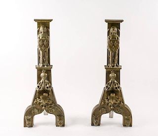 Pair of Figural Bronze Andirons, 19th C.