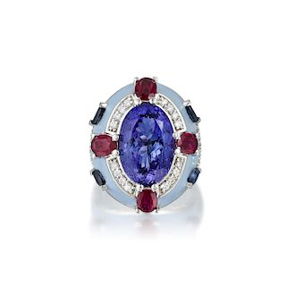 A Tanzanite Ruby Sapphire and Diamond Enamel Ring