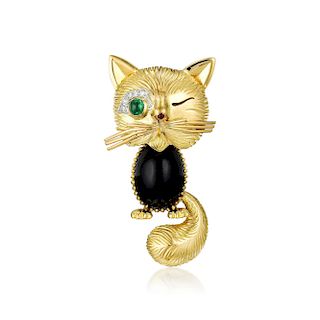 Van Cleef & Arpels Gold Gemstone Cat Pin, French