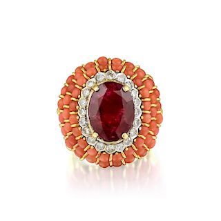 Tiffany & Co. Unheated Burmese Ruby Coral and Diamond Ring