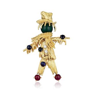 Van Cleef & Arpels Nephrite Sapphire Ruby and Diamond Scarecrow Brooch, French