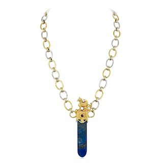 A Gold Griffin Sculpture on Lapis Lazuli and Ruby Necklace