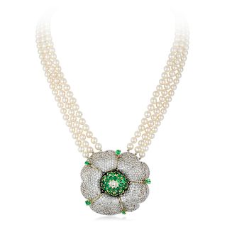 A Diamond and Emerald Flower Pearl Necklace