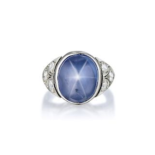 Art Deco Platinum Star Sapphire and Diamond Ring