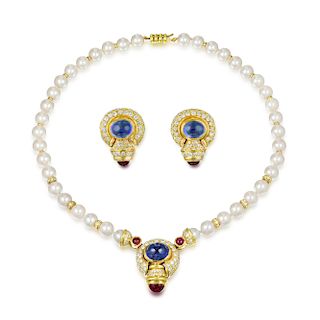 A Cultured Pearl Sapphire Ruby and Diamond Earring and Necklace Set