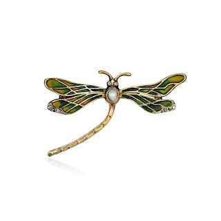 Art Nouveau Pearl Diamond and Enamel Dragonfly Pin