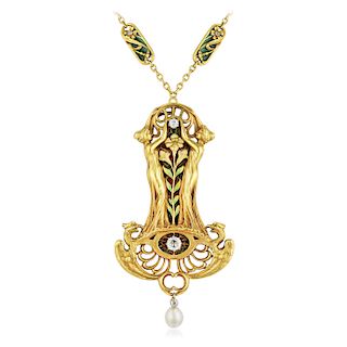 Art Nouveau Diamond and Enamel Pendant Necklace