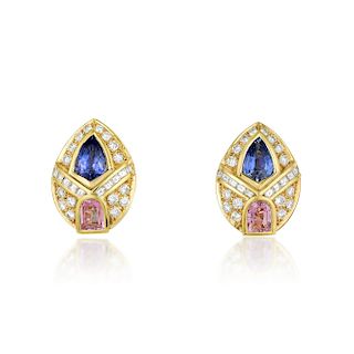A Pair of Sapphire and Diamond Earclips
