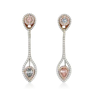A Pair of Pink and Blue Diamond Earrings