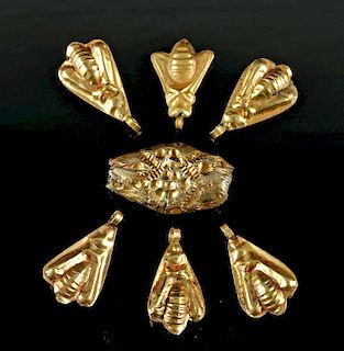 Six Egyptian Gold Flies & Silver Cylinder Bead 2.2 g