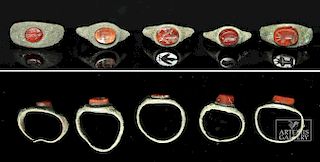 Lot of 5 Roman Bronze Rings w/ Carnelian Intaglios