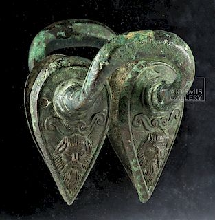 Pair of Etruscan Bronze Stamnos Handles, Ex-Christie's
