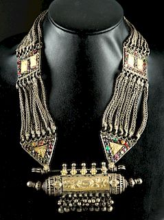 19th C. Asian Gold, Silver, Precious Stone Necklace